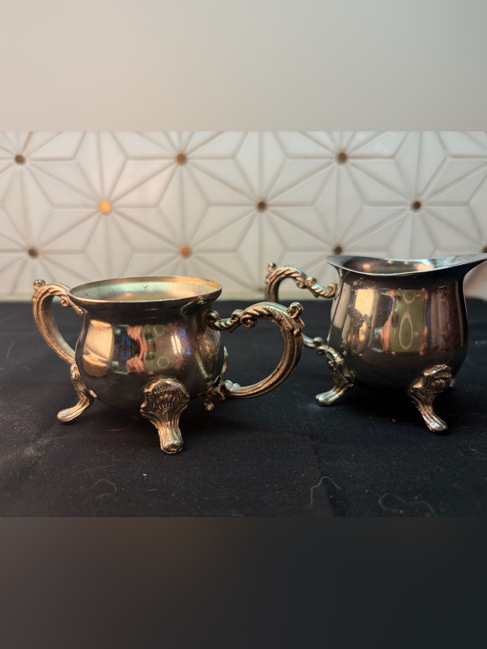Vintage International Silver Co Silverplate Creamer Open Sugar Bowl Set Ornate
